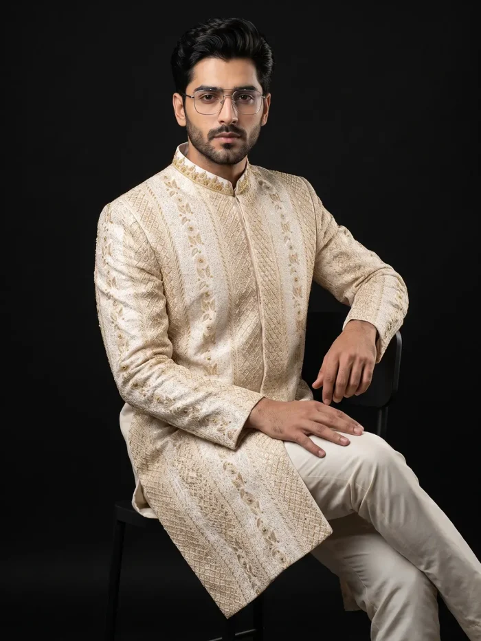 Skin Digital Thread Embroidered Sherwani Premium Handmade - Image 3