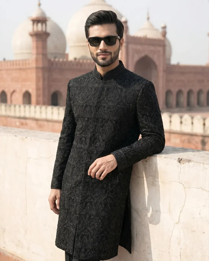 Velvet Sherwani Luxury Black Handmade Embroidered - Image 2