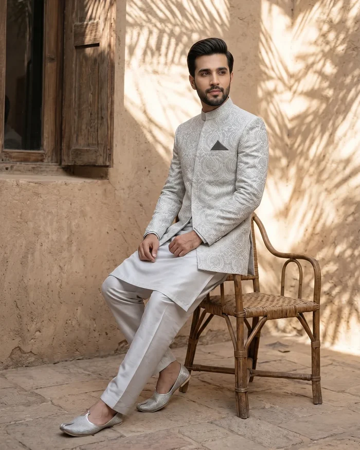 Luxurious Grey Prince Coat with Digital Thread Embroidery - Image 2
