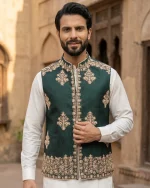 Elegant Bottle Green Jamawar Waistcoat with Premium Handmade Embroidery - Image 2