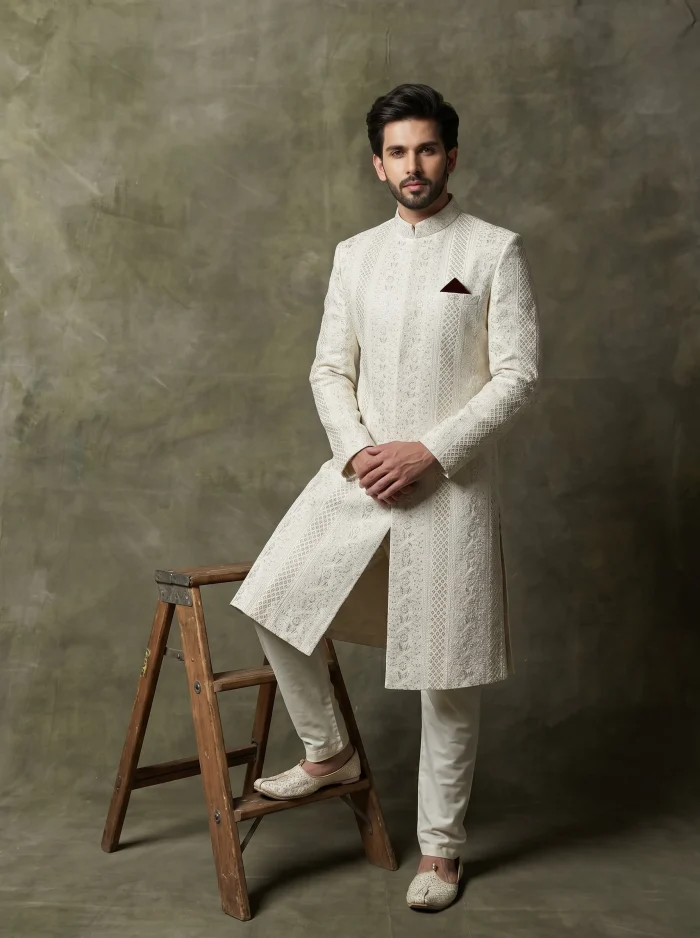 Luxury Off White Sherwani with Digital Thread Embroidery - Image 5