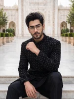 Luxurious Black Sherwani with Digital Thread & Handmade Embroidery - Image 3