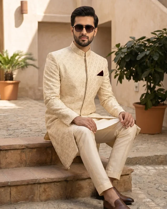 Stunning Off White Sherwani with Digital Thread Embroidery - Image 3