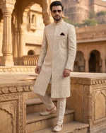 Luxury White Sherwani for Men Royal Digital Thread Embroidery Wedding Outfit - Image 4