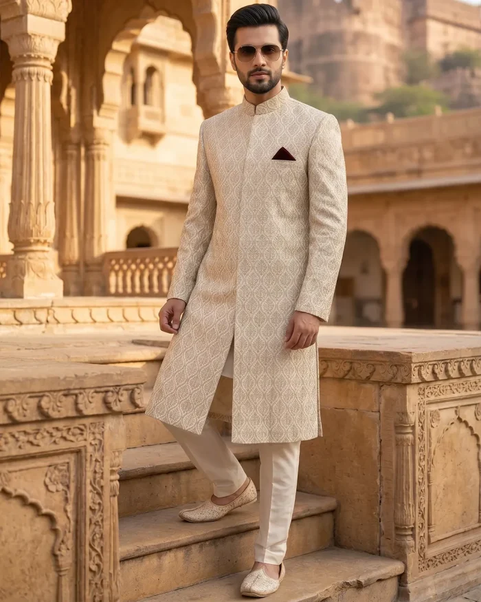 Luxury White Sherwani for Men Royal Digital Thread Embroidery Wedding Outfit - Image 4