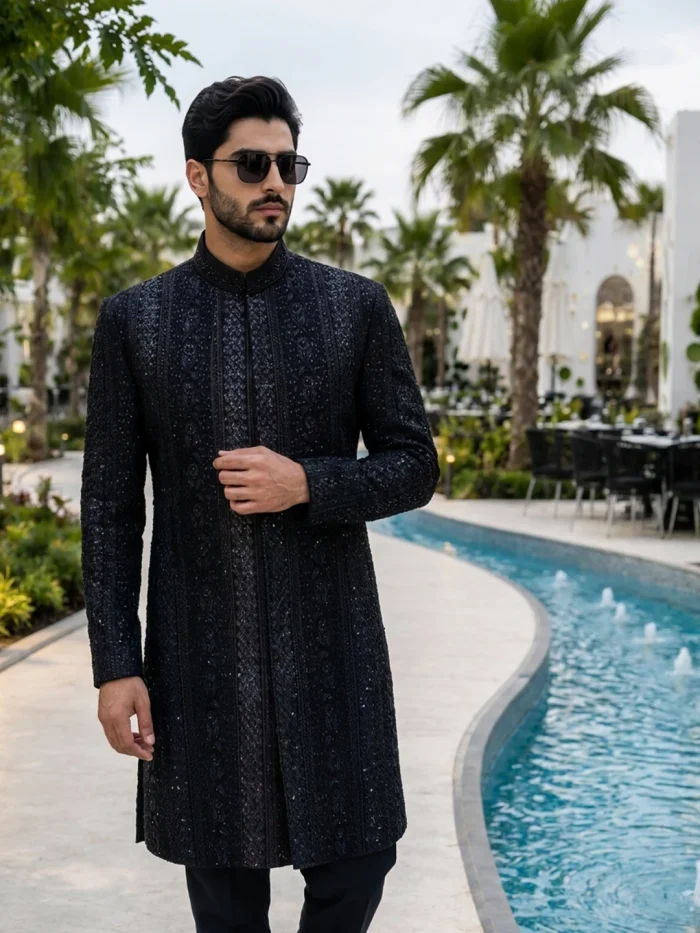 Black Sherwani Stunning Handmade Digital Thread - Image 5