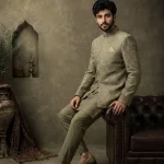 Premium Mehndi Green Prince Coat with Digital Thread Embroidery