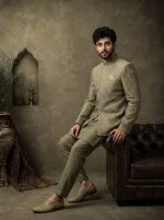 Premium Mehndi Green Prince Coat with Digital Thread