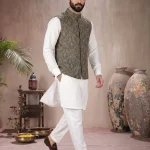 Green Jamawar Waistcoat Exclusive Handmade Embroidery Self-Print Design 2026