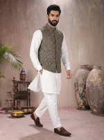 Green Jamawar Waistcoat Exclusive Handmade Embroidery Self-Print Design 2026