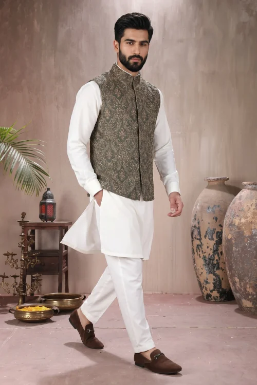 Green Jamawar Waistcoat Exclusive Handmade Embroidery Self-Print Design 2026
