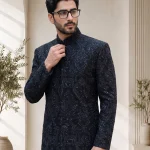 Stunning Black Sherwani with Handmade Digital Thread Embroidery