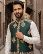 Elegant Bottle Green Jamawar Waistcoat with Premium Handmade Embroidery - Image 3