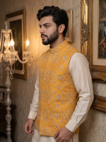 Men’s Yellow Silk Waistcoat with Handmade Thread Work Embroidery - Image 4
