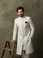 Luxury Off White Sherwani with Digital Thread Embroidery - Image 2