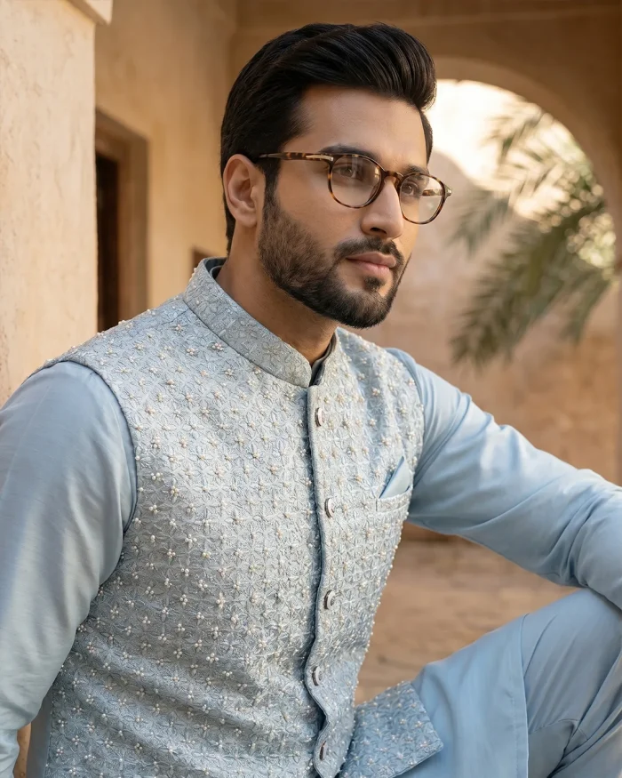 Stunning Ice Blue Waistcoat with Handmade Embroidery - Image 4
