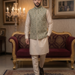 Green Self-Print Jamawar Waistcoat with Handmade Thread Embroidery for Men