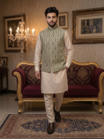 Green Self-Print Jamawar Waistcoat with Handmade Thread Embroidery for Men - Image 4