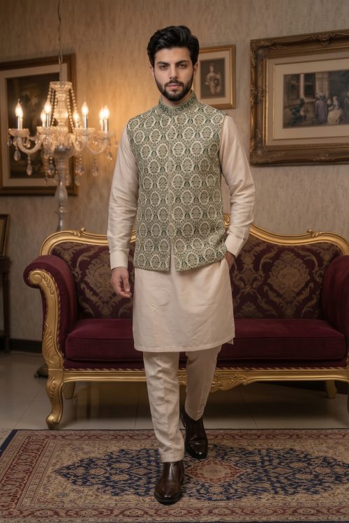 Green Self-Print Jamawar Waistcoat with Handmade Thread Embroidery for Men
