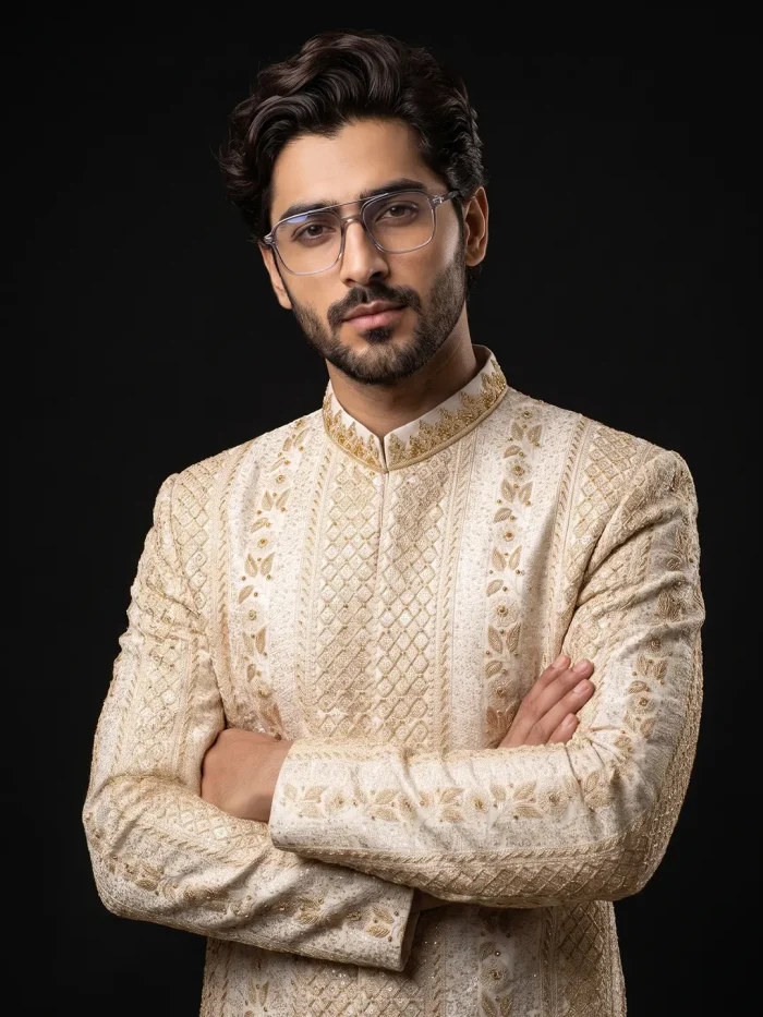Skin Digital Thread Embroidered Sherwani Premium Handmade - Image 4