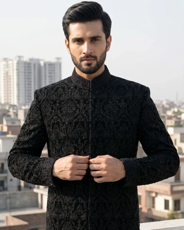 Velvet Sherwani Luxury Black Handmade Embroidered - Image 3