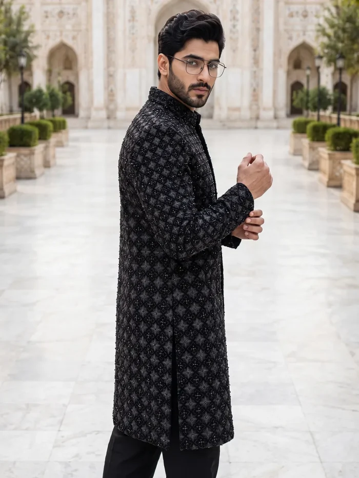 Luxurious Black Sherwani with Digital Thread & Handmade Embroidery - Image 4