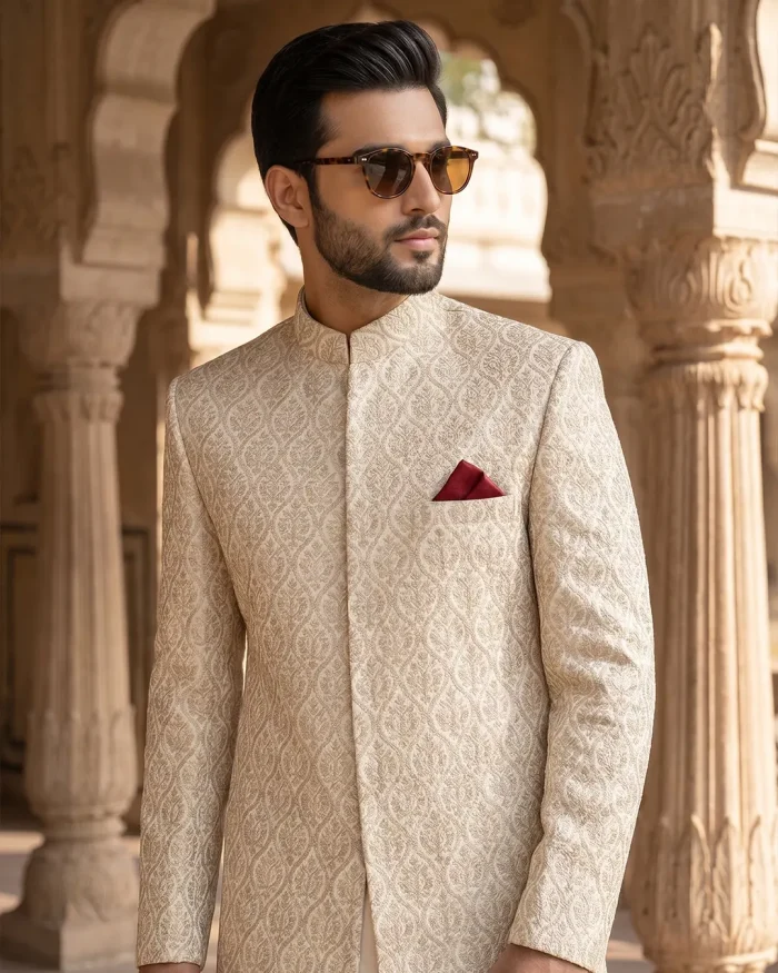 Luxury White Sherwani for Men Royal Digital Thread Embroidery Wedding Outfit - Image 5