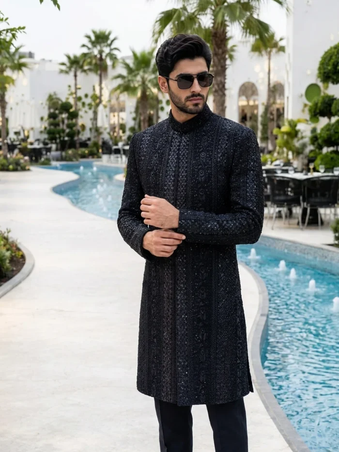 Black Sherwani Stunning Handmade Digital Thread - Image 4