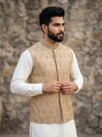 Premium Yellow Jamawar Waistcoat Handmade Embroidery Self Print Design