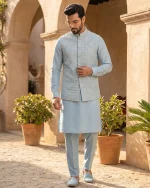 Stunning Ice Blue Waistcoat with Handmade Embroidery - Image 5