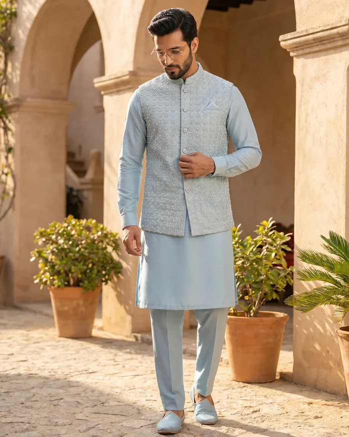 Stunning Ice Blue Waistcoat with Handmade Embroidery - Image 5