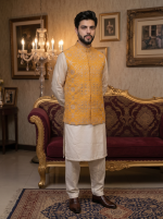 Men’s Yellow Silk Waistcoat with Handmade Thread Work Embroidery - Image 5