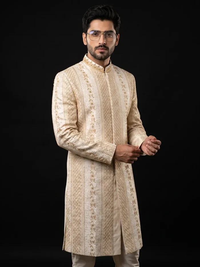 Skin Digital Thread Embroidered Sherwani Premium Handmade - Image 5