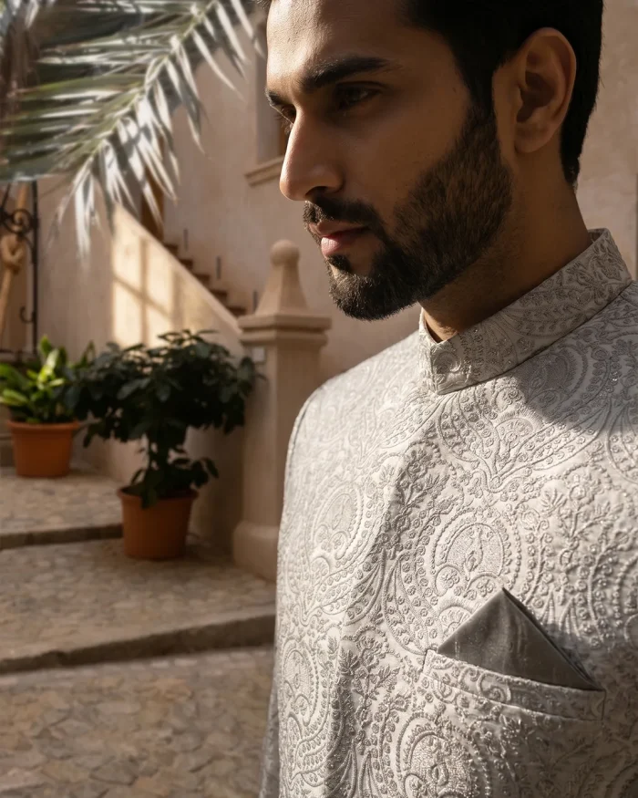 Luxurious Grey Prince Coat with Digital Thread Embroidery - Image 3