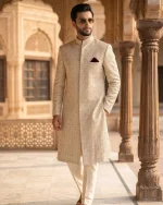 Luxury White Sherwani for Men Royal Digital Thread Embroidery Wedding Outfit
