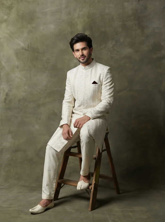 Luxury Off White Sherwani with Digital Thread Embroidery - Image 3