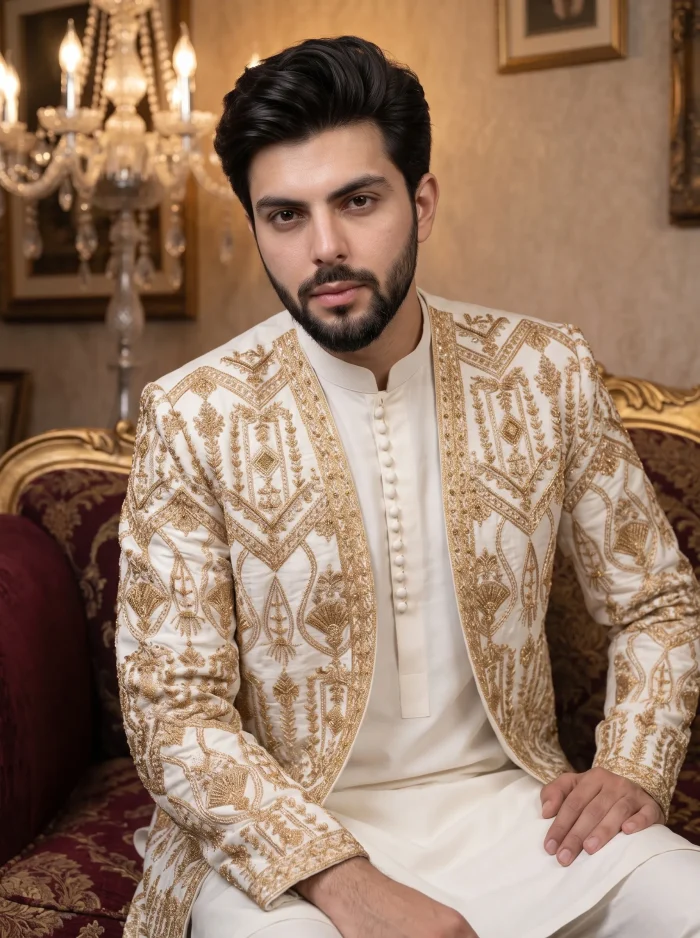 Luxurious Handmade Rawsilk Prince Coat with Royal Embroidery - Image 4