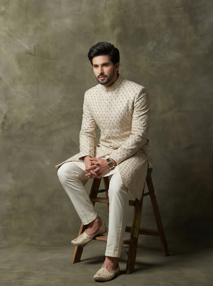 Luxury Off-White Digital Thread Embroidered Handmade Sherwani - Image 5