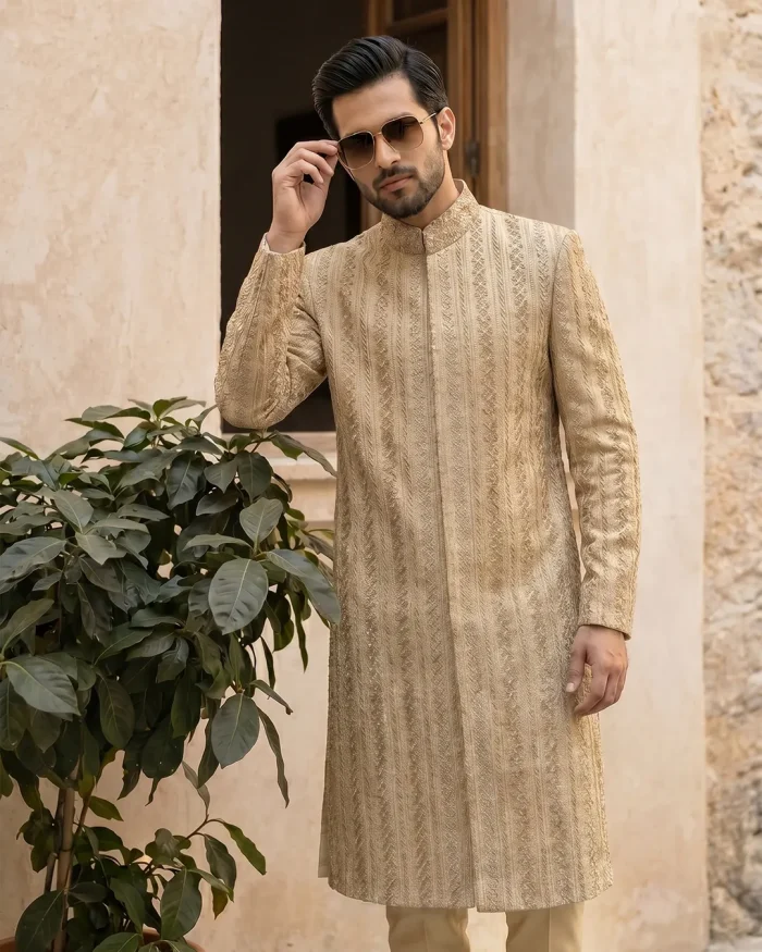 Premium Skin Gold Sherwani with Exquisite Digital Thread & Handmade Embroidery - Image 4