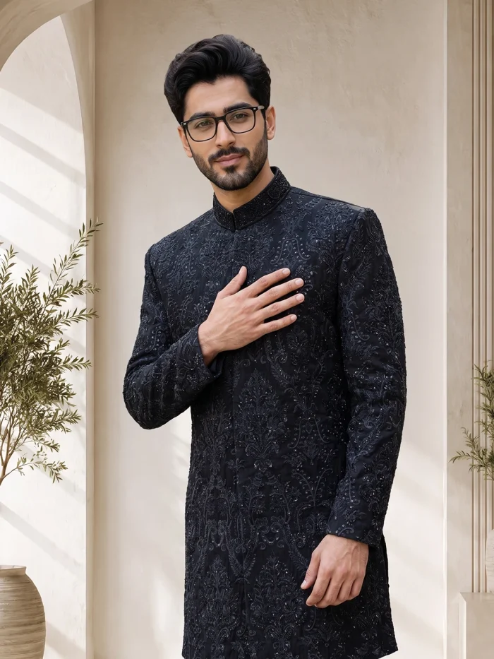 Stunning Black Sherwani with Handmade Digital Thread - Image 4