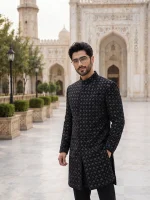 Luxurious Black Sherwani with Digital Thread & Handmade Embroidery - Image 5