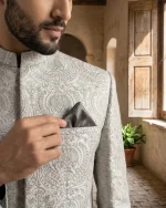Luxurious Grey Prince Coat with Digital Thread Embroidery - Image 4