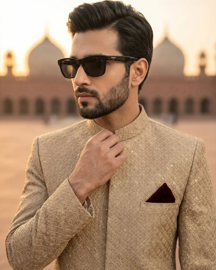Luxury Champion Gold Sherwani with Premium Digital Thread Embroidery Royal Wedding Wear - Image 4