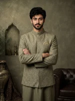 Premium Mehndi Green Prince Coat with Digital Thread - Image 3