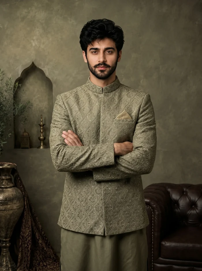 Premium Mehndi Green Prince Coat with Digital Thread - Image 3