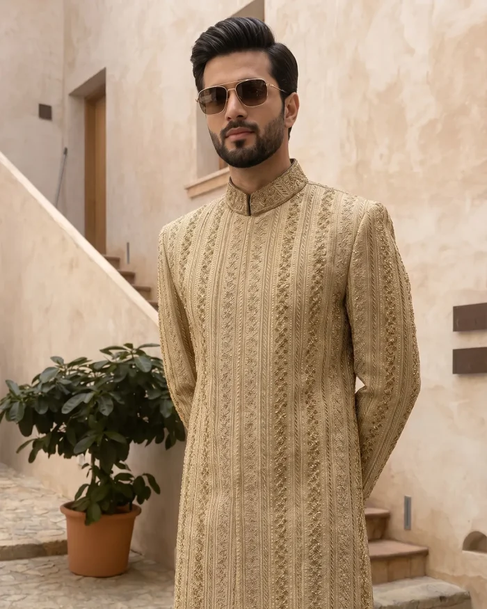 Premium Skin Gold Sherwani with Exquisite Digital Thread & Handmade Embroidery - Image 5
