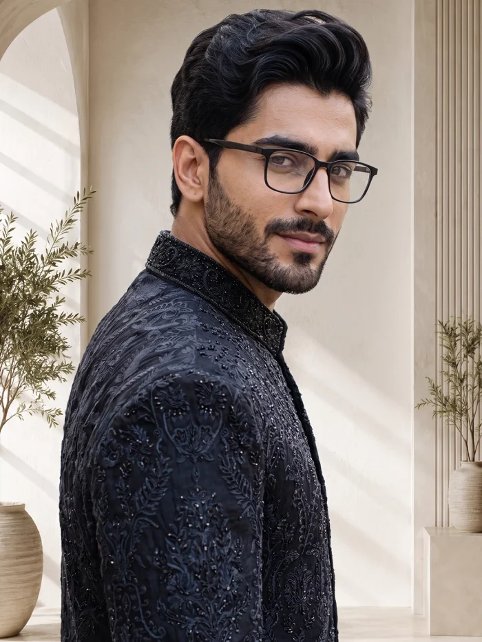 Stunning Black Sherwani with Handmade Digital Thread - Image 2