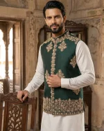 Elegant Bottle Green Jamawar Waistcoat with Premium Handmade Embroidery - Image 4