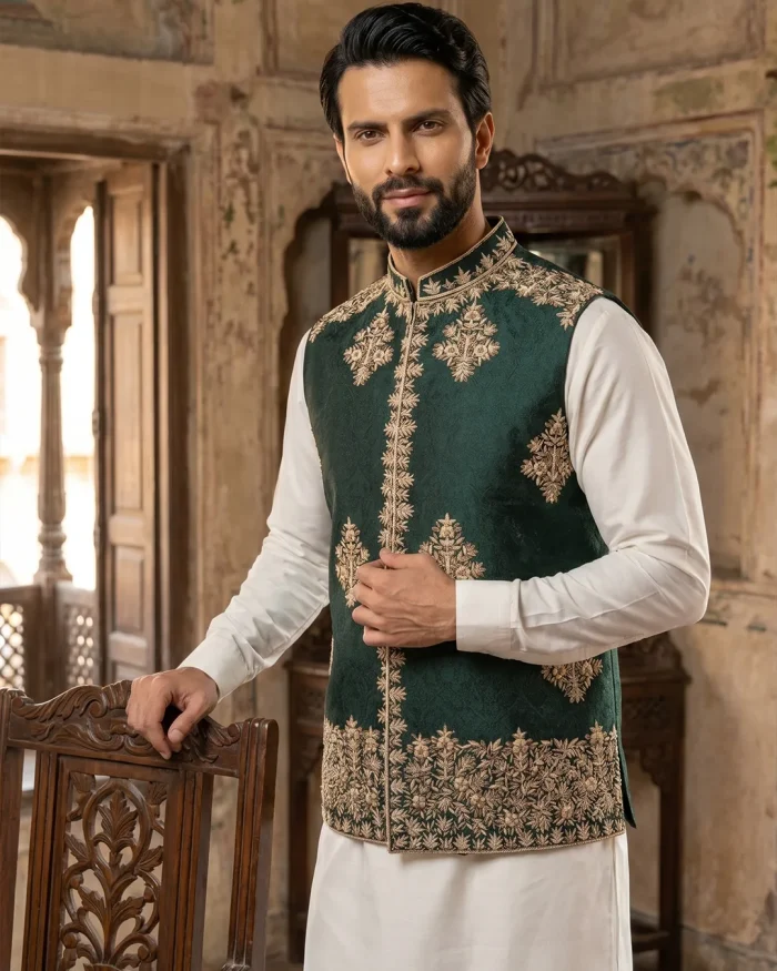 Elegant Bottle Green Jamawar Waistcoat with Premium Handmade Embroidery - Image 4