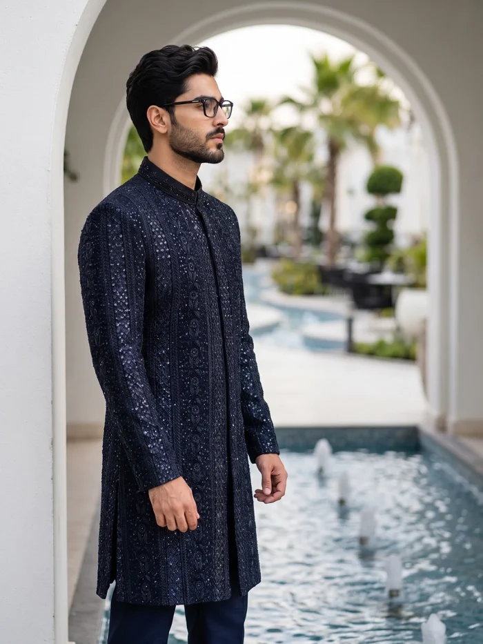 Black Sherwani Stunning Handmade Digital Thread - Image 3